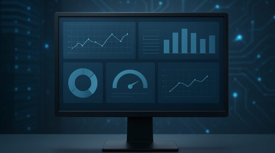 A computer monitor displaying various data visualizations and charts in a tech-themed environment.